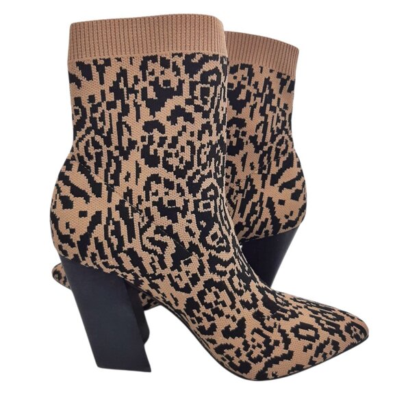 Vince Camuto Leopard Print Knit Sock Booties Pointed Toe Block Heel Boots SZ 8 - Picture 6 of 10